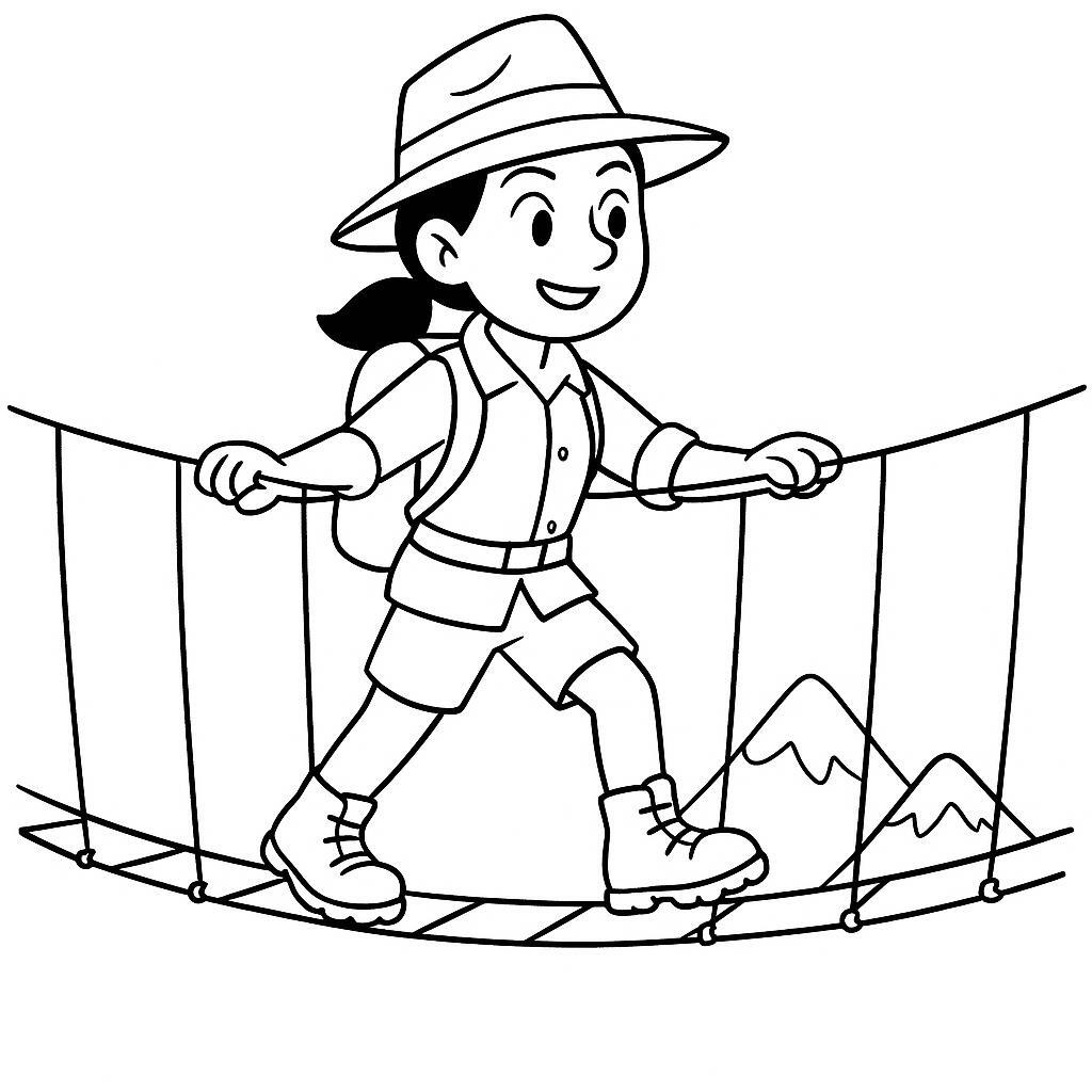 Coloring page of a intrepid female traveler, jungle explorer navigating a rope bridge