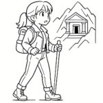 Page à colorier d’une voyageuse intrépide, alpiniste découvrant un temple caché