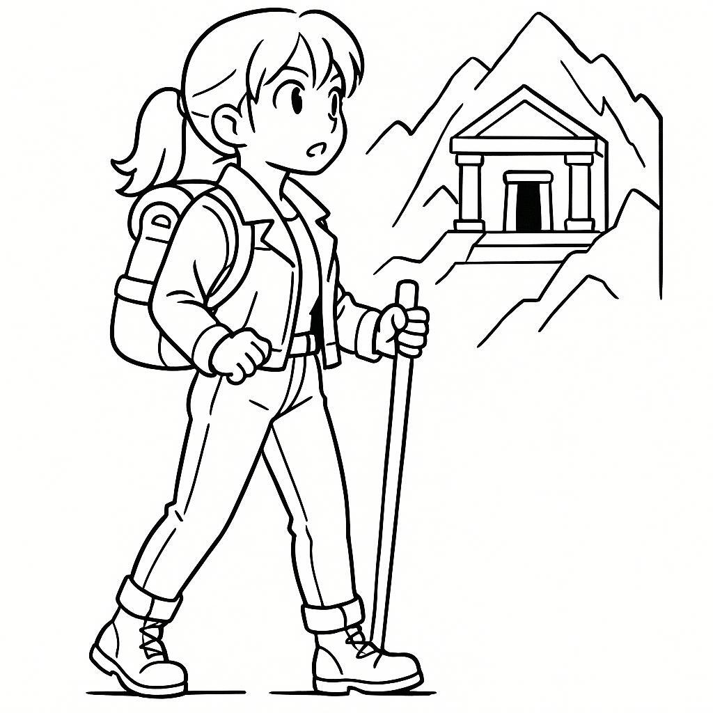 Coloring page of a intrepid female traveler, mountain climber discovering a hidden temple