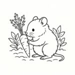 Page de coloriage d’un petit rongeur, ami duveteux reniflant une carotte