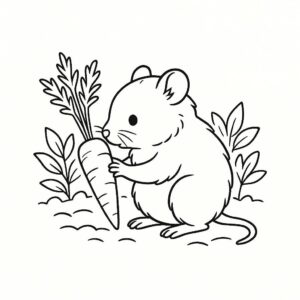 Coloring page of a little rodent, fluffy friend sniffing a carrot