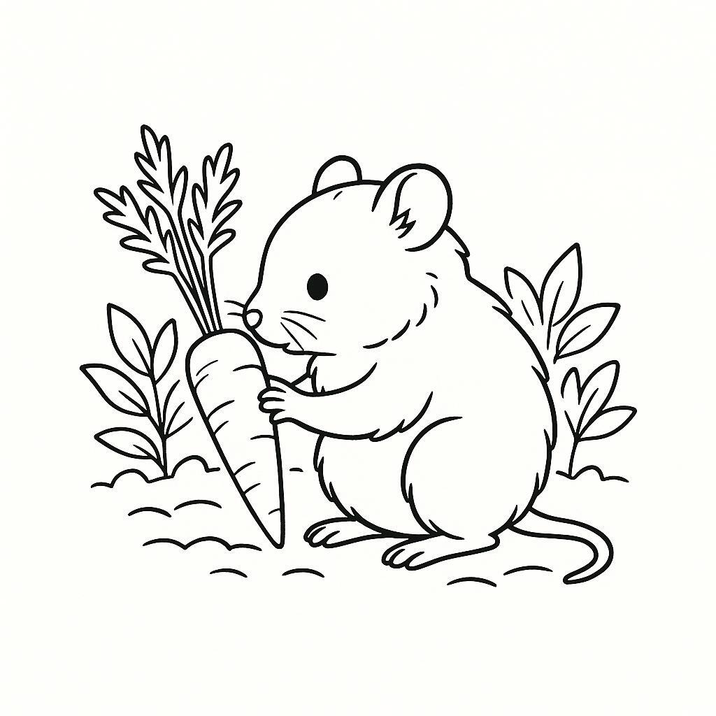 Coloring page of a little rodent, fluffy friend sniffing a carrot