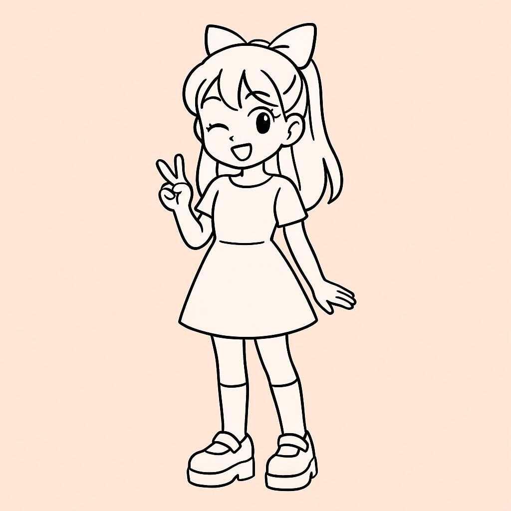 Coloring page of a manga character, celebrity doing a playful wink