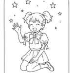 Page à colorier d’un personnage de manga, chorégraphe s’agenouillant de manière théâtrale