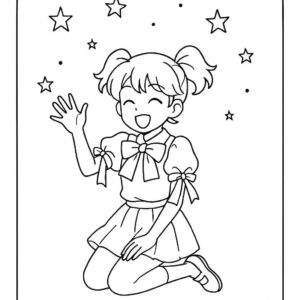 Coloring page of a manga character, choreographer kneeling dramatically