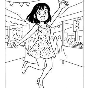 Coloring page of a manga character, influencer jumping