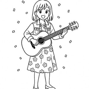 Coloring page of a manga character, influencer playing guitar