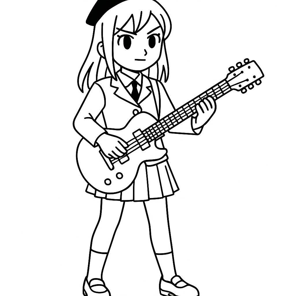 Coloring page of a manga character, leader playing guitar