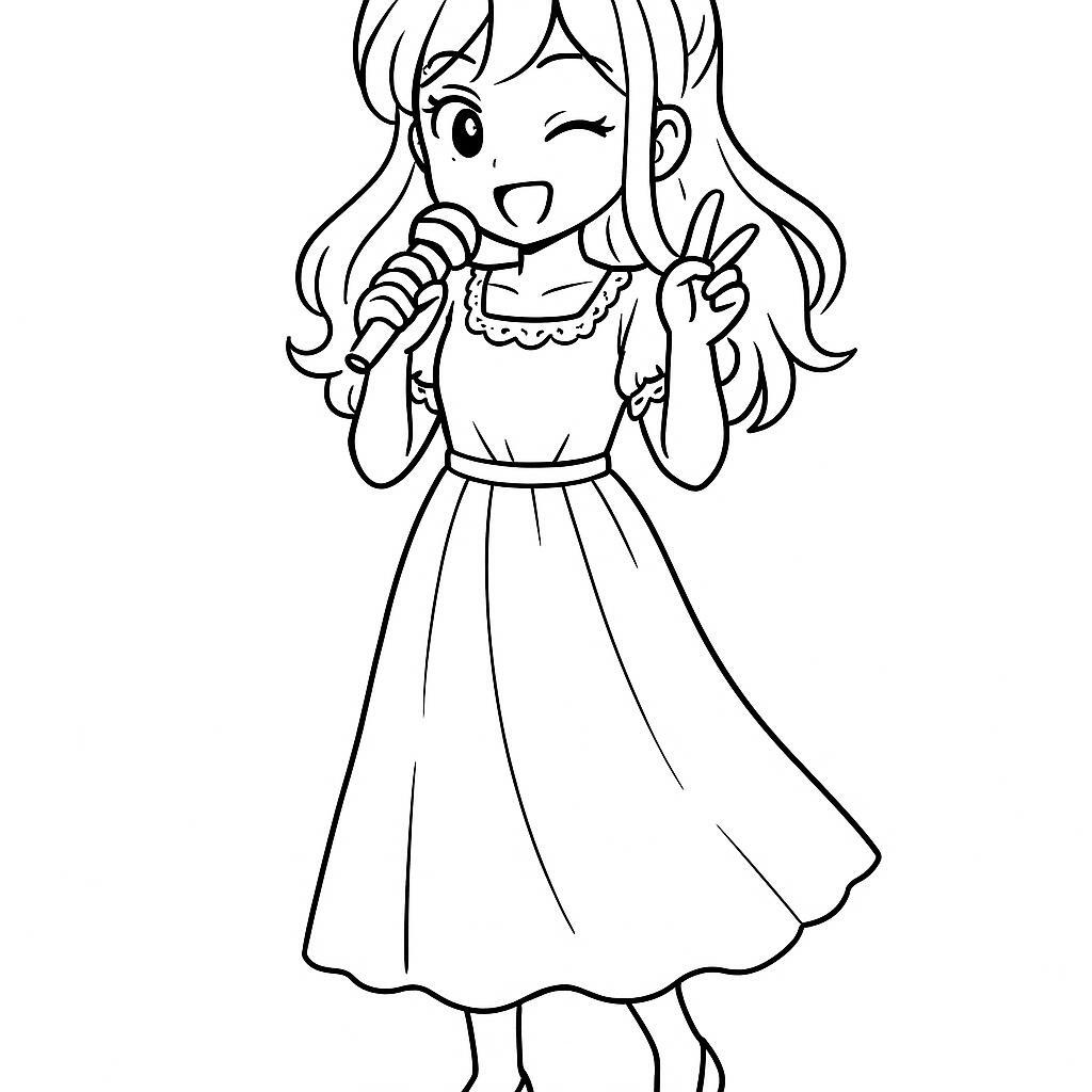 Coloring page of a manga character, singer doing a playful wink