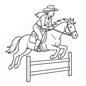 Coloring page of a Mustang young woman on horseback, equestrian athlete jumping over a fence