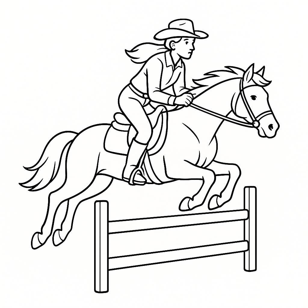 Coloring page of a Mustang young woman on horseback, equestrian athlete jumping over a fence