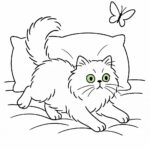 Page à colorier d’un chat persan, dormeur paresseux chassant un papillon