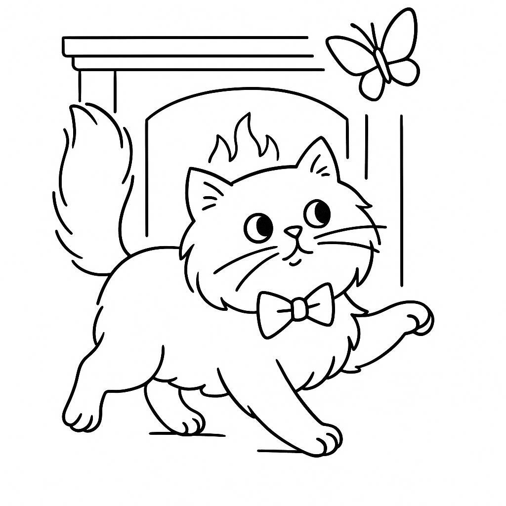 Coloring page of a Persian cat, mischievous kitty chasing a butterfly