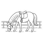 Page de coloriage d&rsquo;un poney, douce jument broutant paisiblement