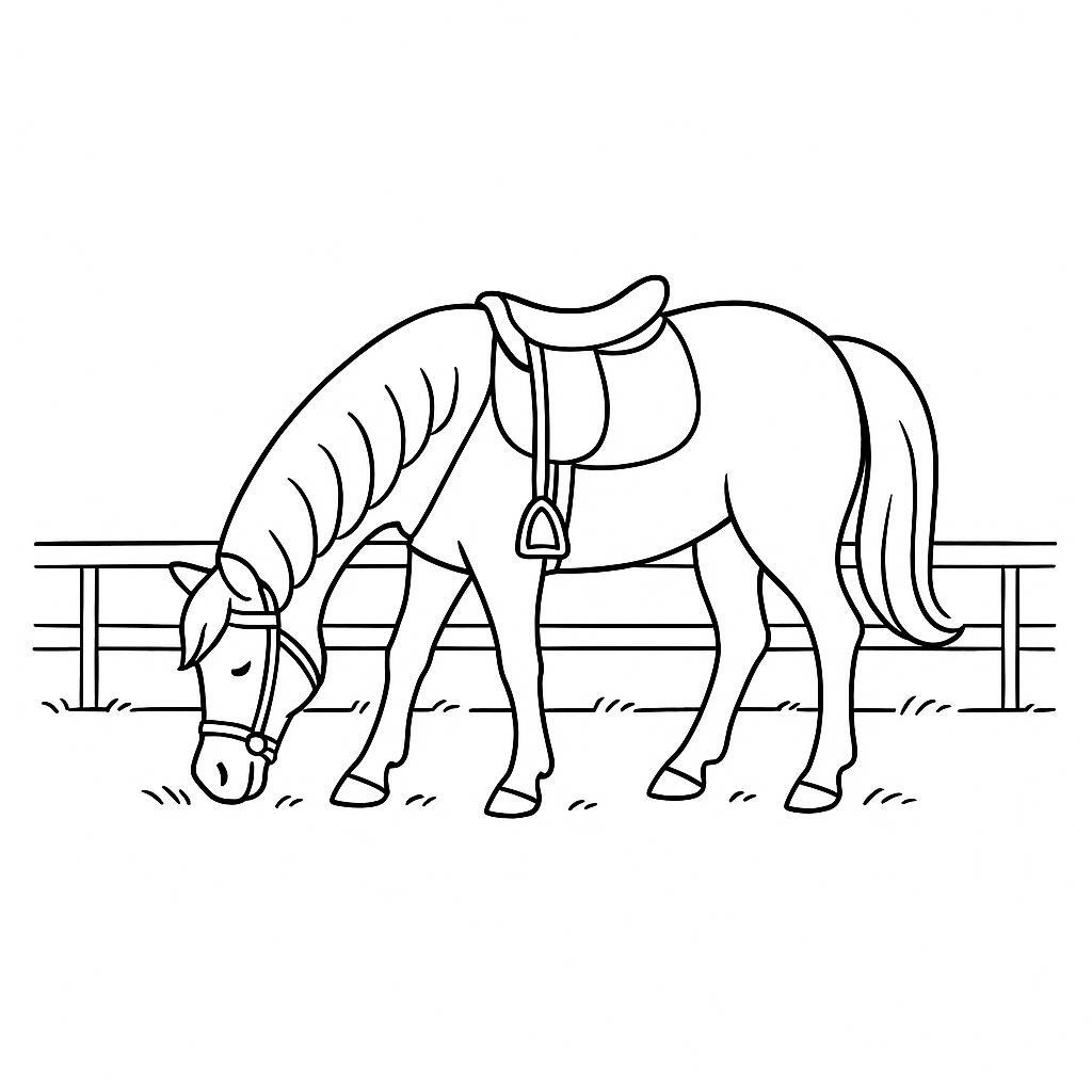 Coloring page of a pony, gentle mare grazing peacefully