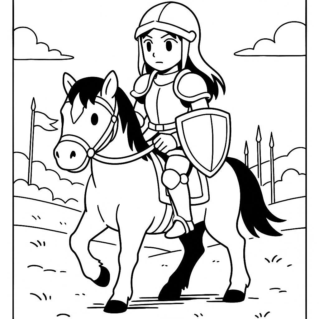 Coloring page of a pony, mighty warhorse a woman riding in medieval armor