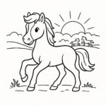 Page de coloriage d’un poney, champion de course jouant avec d’autres chevaux