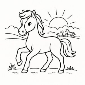 Coloring page of a pony, racing champion playing with other horses