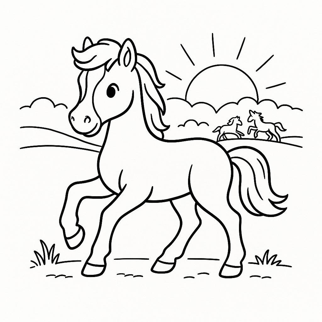 Coloring page of a pony, racing champion playing with other horses