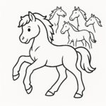 Coloring page of a pony, royal steed playing with other horses