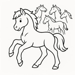 Coloring page of a pony, royal steed playing with other horses