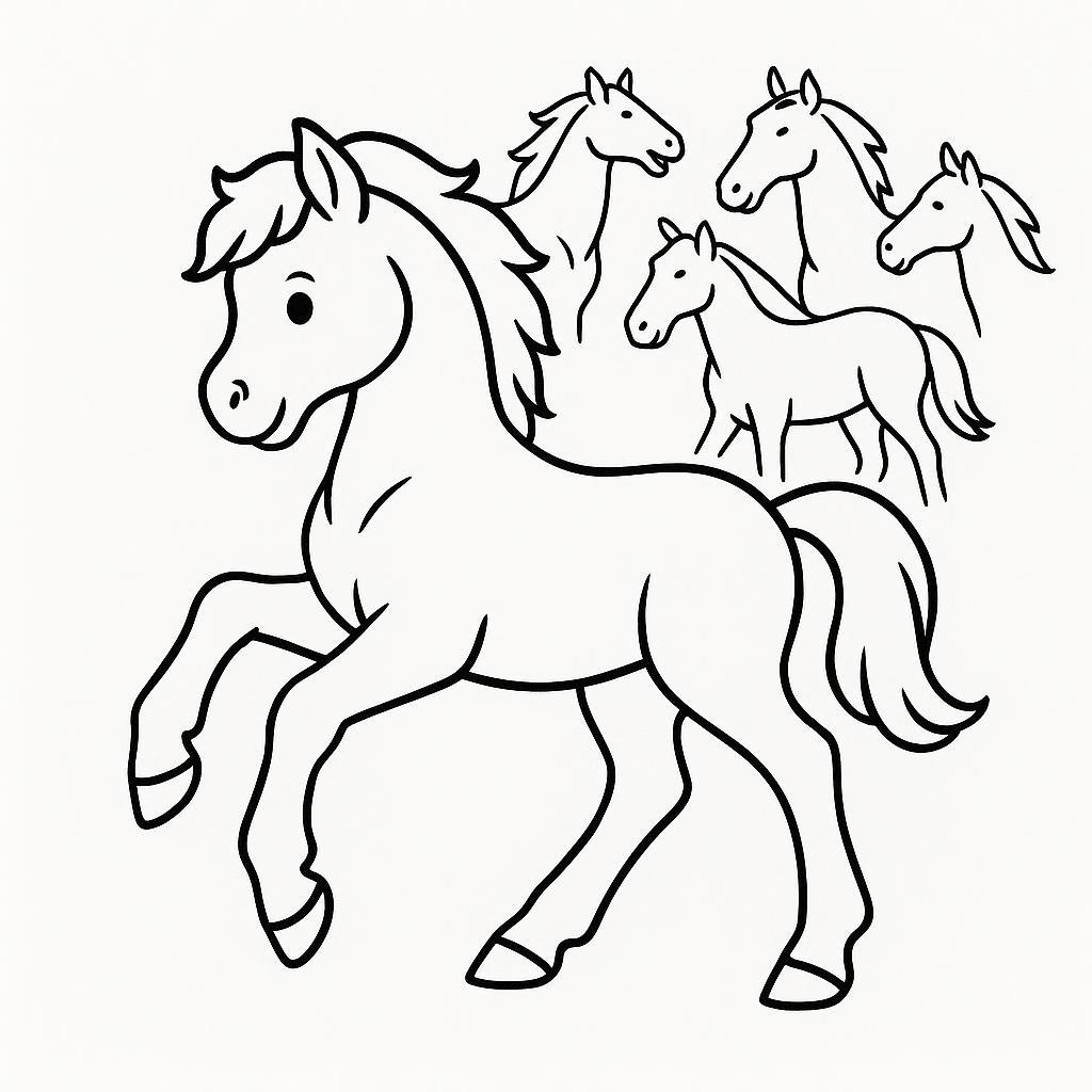 Coloring page of a pony, royal steed playing with other horses