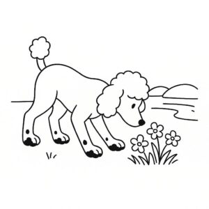 Coloring page of a Poodle dog, curious explorer sniffing flowers