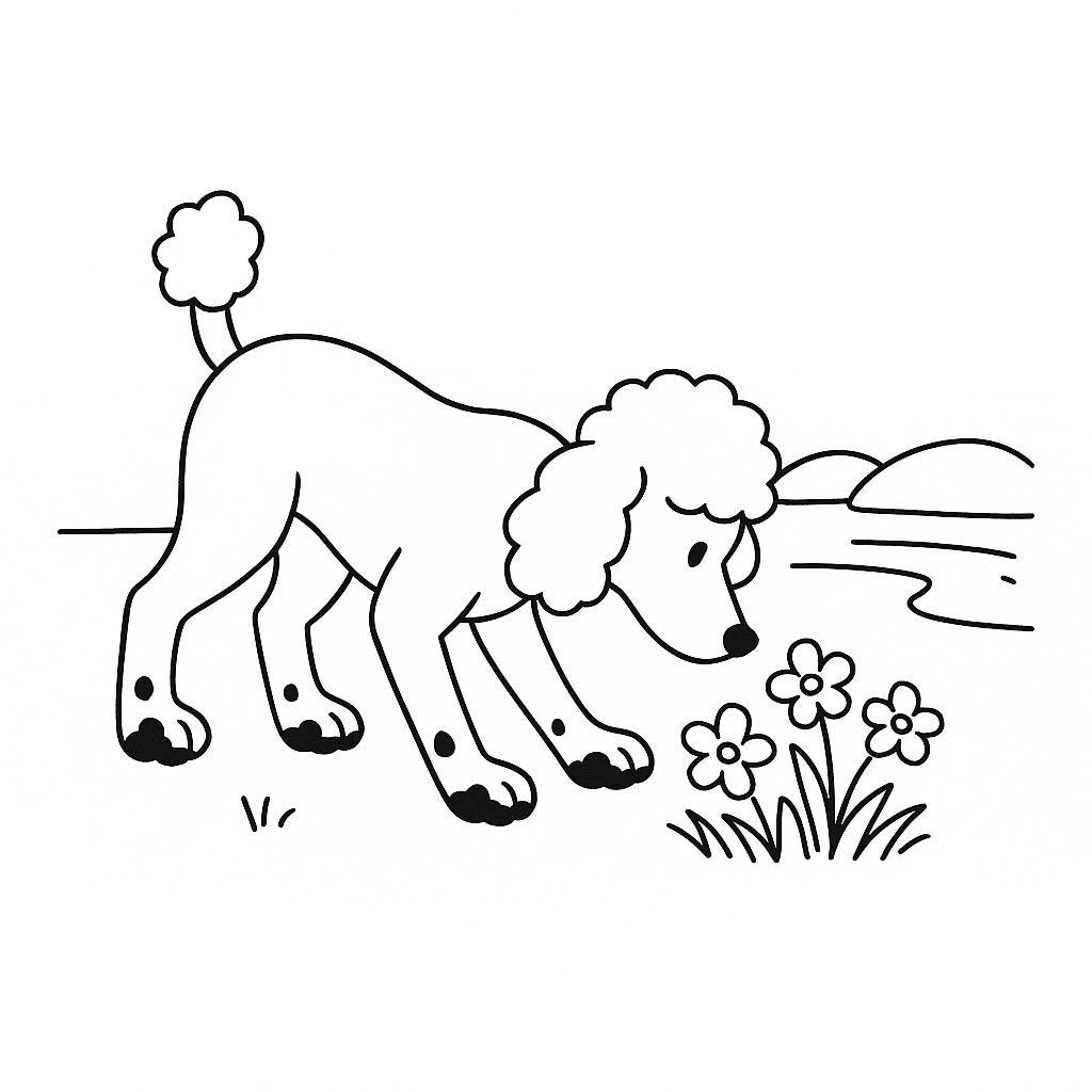 Coloring page of a Poodle dog, curious explorer sniffing flowers