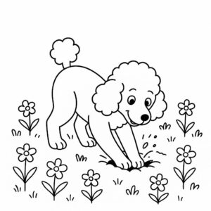 Coloring page of a Poodle dog, playful friend digging a hole