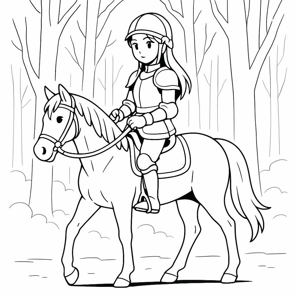 Coloring page of a Quarter Horse female rider, equestrian athlete riding through a forest