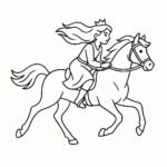 Page de coloriage d’un cheval de course, destrier royal qu’une femme chevauche au galop