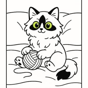 Coloring page of a Ragdoll cat, curious cat playing with yarn
