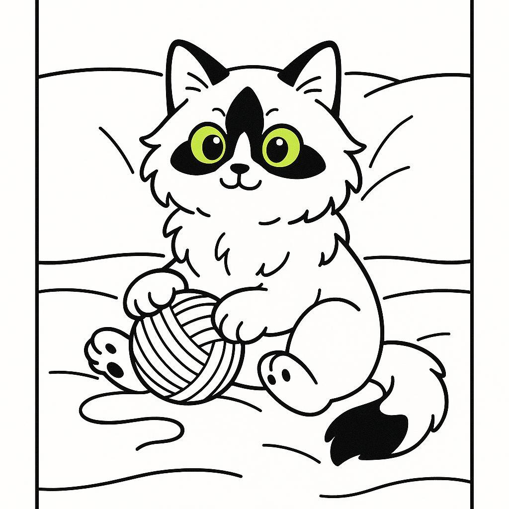 Coloring page of a Ragdoll cat, curious cat playing with yarn