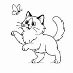 Page de coloriage d&rsquo;un chat Ragdoll, chasseur joueur poursuivant un papillon