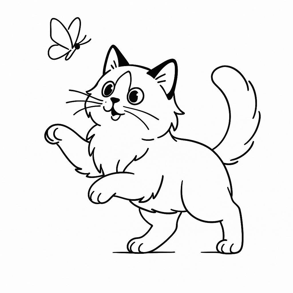 Coloring page of a Ragdoll cat, playful hunter chasing a butterfly