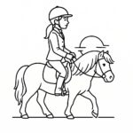 Page à colorier d&rsquo;une cavalière de poney Shetland, athlète équestre chevauchant au coucher du soleil