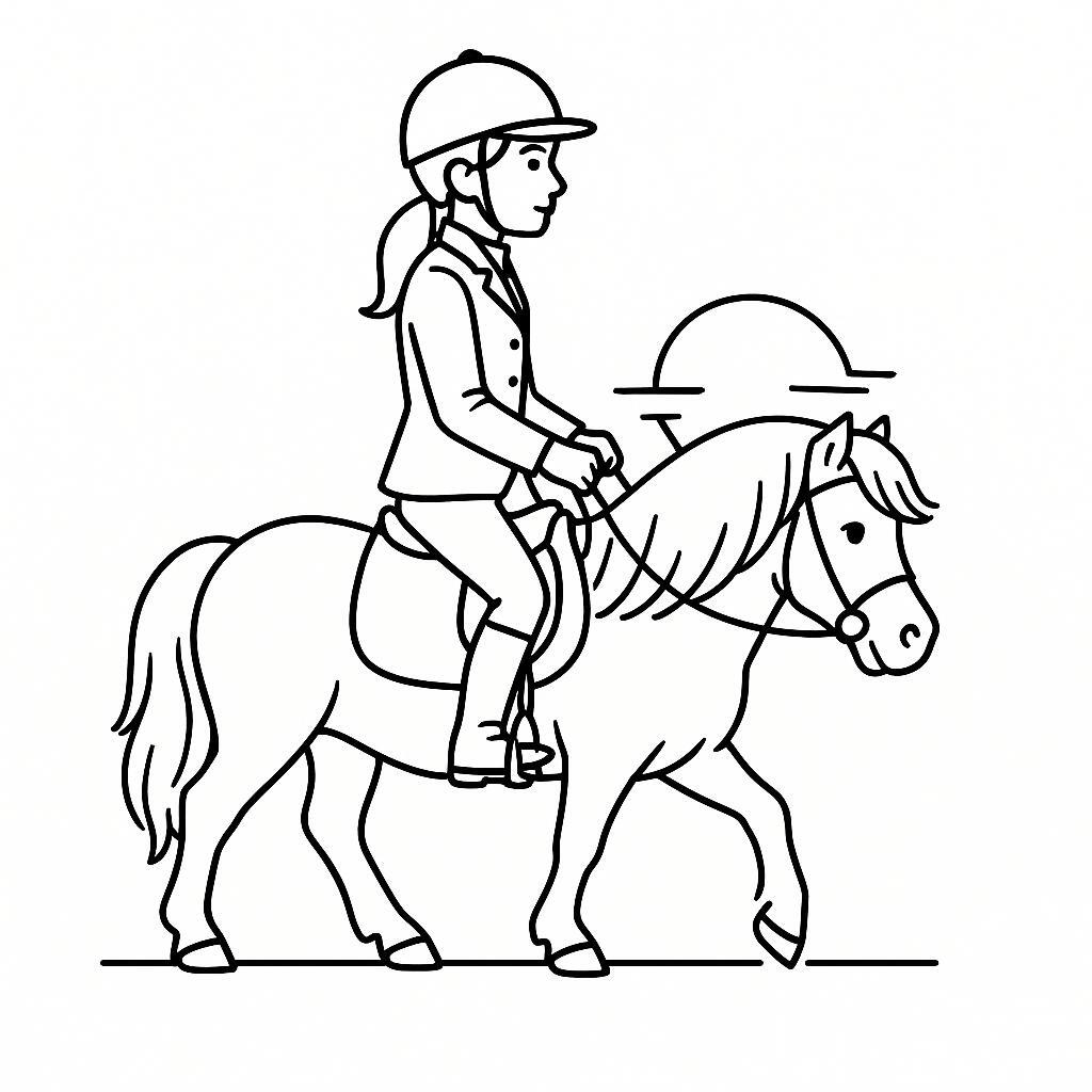 Coloring page of a Shetland pony female rider, equestrian athlete riding at sunset