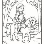Page à colorier d&rsquo;une jeune femme à cheval sur un poney Shetland, chevalière médiévale traversant une forêt
