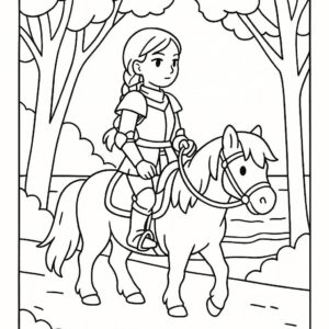 Coloring page of a Shetland pony young woman on horseback, medieval knightess riding through a forest