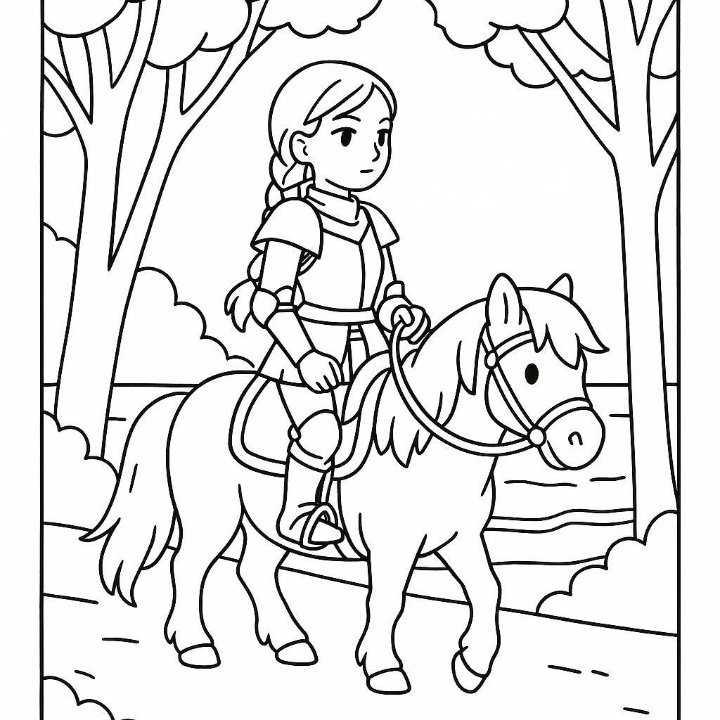 Coloring page of a Shetland pony young woman on horseback, medieval knightess riding through a forest