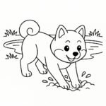 Page à colorier d’un chien Shiba Inu, fidèle compagnon creusant un trou