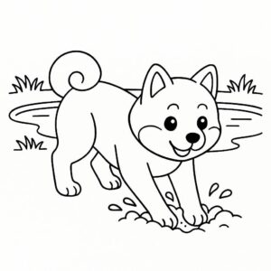 Coloring page of a Shiba Inu dog, loyal companion digging a hole