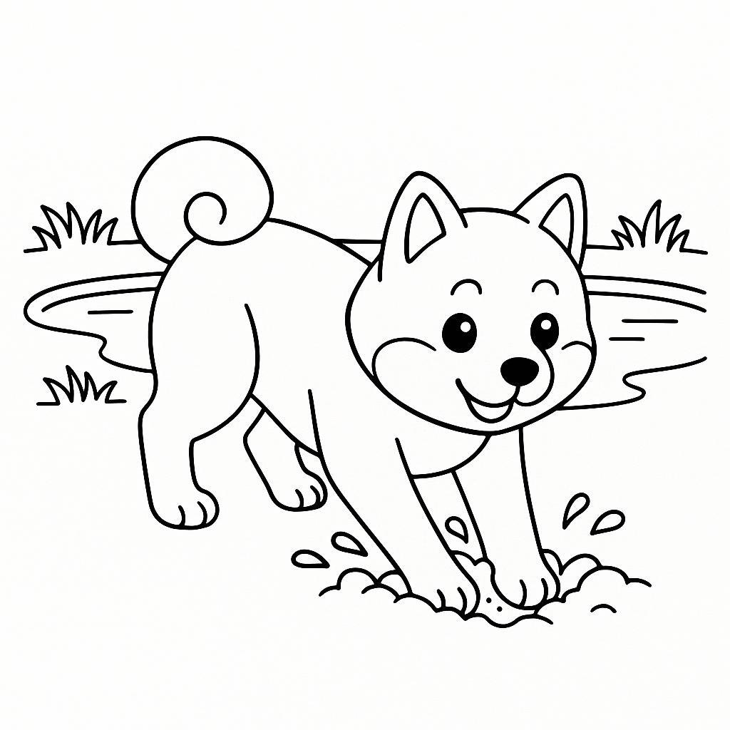 Coloring page of a Shiba Inu dog, loyal companion digging a hole