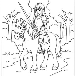 Coloring page of a Shire horse young woman on horseback, medieval knightess riding through a forest