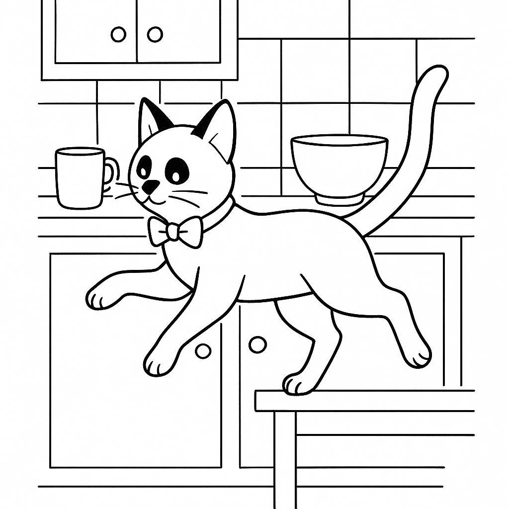 Coloring page of a Siamese cat, lazy napper jumping onto a shelf