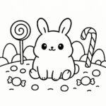Page à colorier d&rsquo;un animal smoosh squishy, petit lapin dodu assis joyeusement