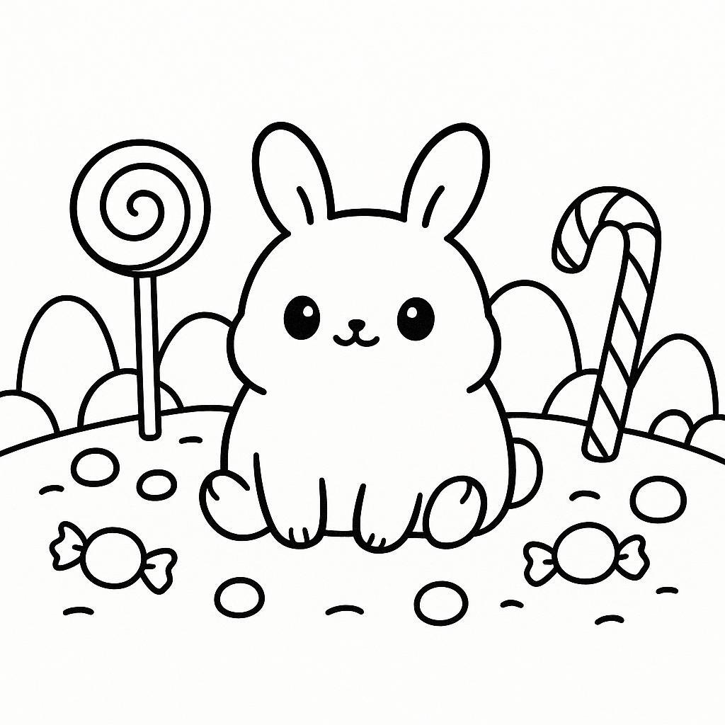 Coloring page of a smoosh squishy animal, chubby bunny sitting happily