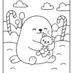 Page à colorier d&rsquo;un animal smoosh squishy, phoque gonflé câlinant un jouet en peluche
