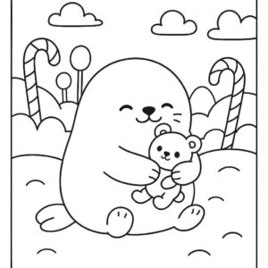 Coloring page of a smoosh squishy animal, puffy seal hugging a plush toy