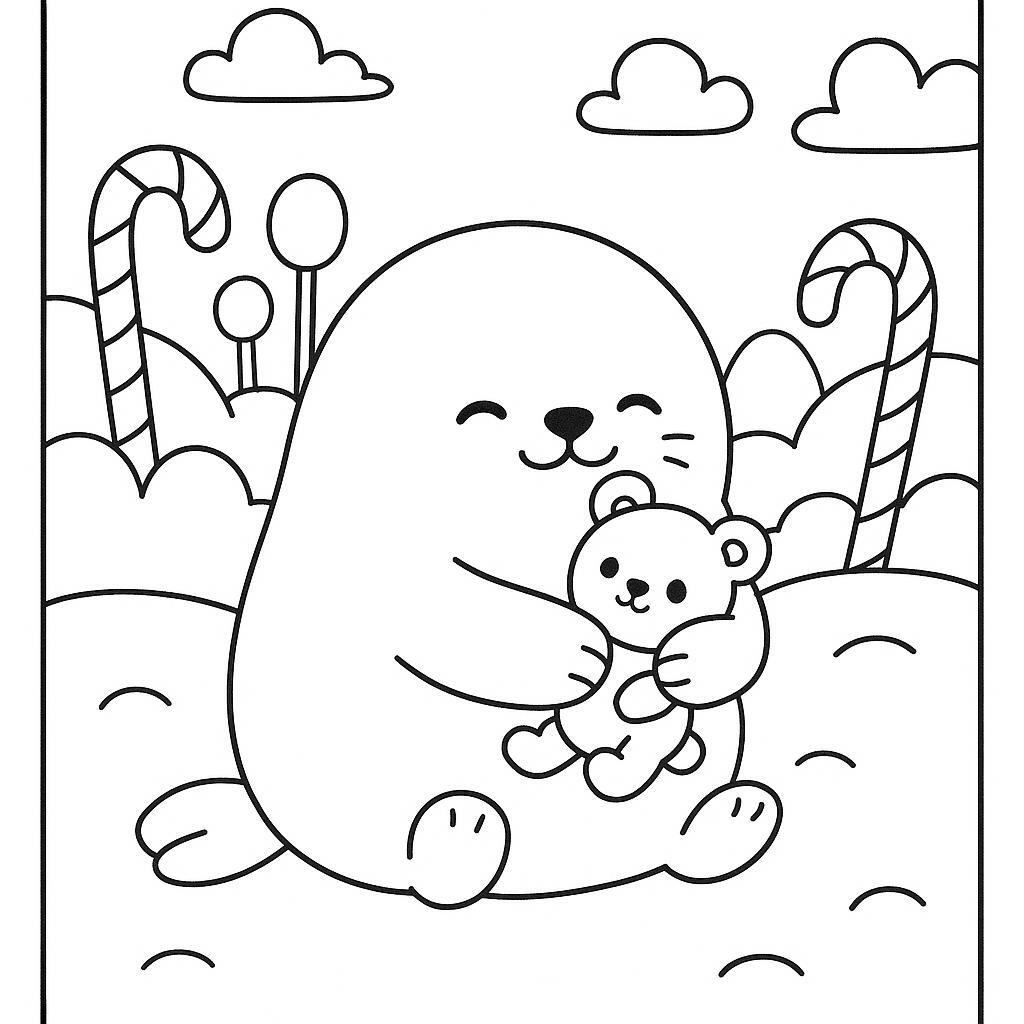 Coloring page of a smoosh squishy animal, puffy seal hugging a plush toy